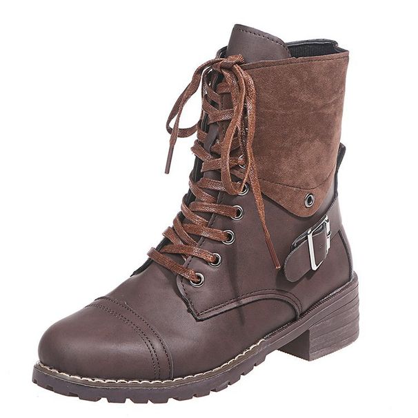 Women's Plus Size Chunky Heel Ankle Boots With Side Zipper & Lace-Up Detail - PU Leather Martin Boots_vogvips.com