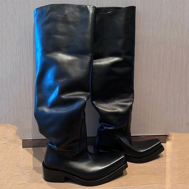Unisex Style Over The Knee Boots For Women With Raised Toes, Niche British Style, Thick Heeled Square Toe, Thick Soled High Top Knight Boots Trend_vogvips.com