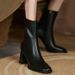 Chunky Short For Women 2024 Autumn Winter New Women's Simple Square Toe High Heel Side Zipper Fashion Mid-Calf Leather_vogvips.com