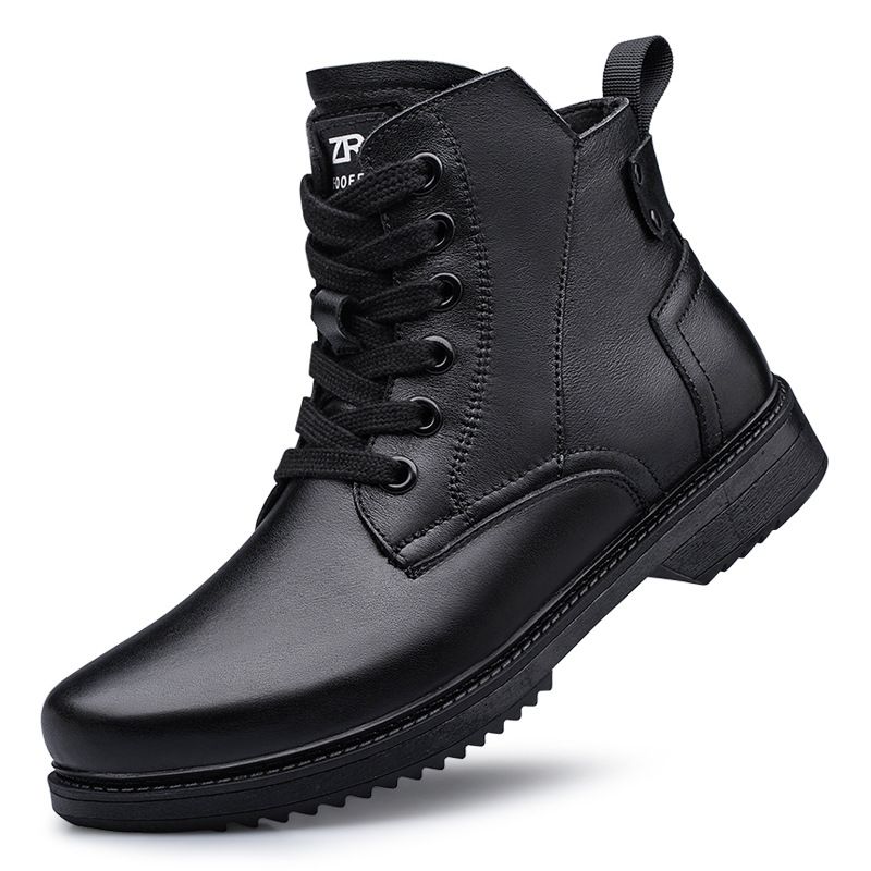 Men's Medium Tube Martin Boots, Irst Layer Large Size Trendy Men's Leather Boots, Thick Sole Heightening High-top Tooling Shoes_vogvips.com