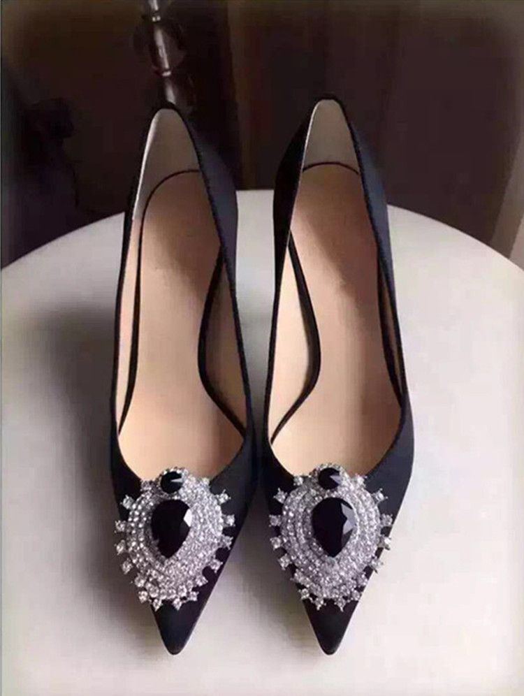 Women's Rhinestone Pointed Toe High Heels Red Satin Low Cut Sexy Wedding Shoes Spring Autumn New_vogvips.com