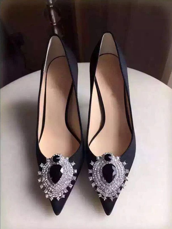 Women's Rhinestone Pointed Toe High Heels Red Satin Low Cut Sexy Wedding Shoes Spring Autumn New_vogvips.com