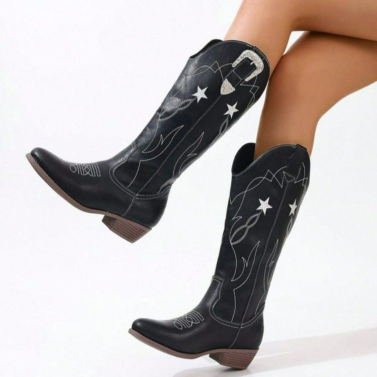 Women's Embroidered Round Toe Chunky Heel Mid-Calf Boots Stylish Casual Western Ankle Boots Light Luxury Everyday Wear_vogvips.com