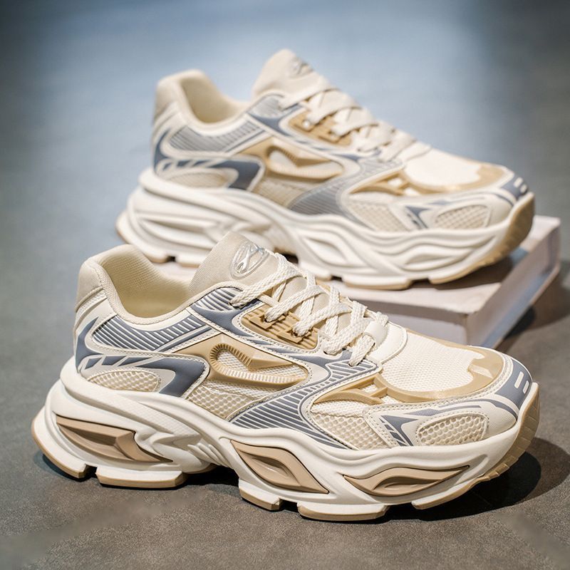 Men's Retro Minimalist Beige Gray Mesh Chunky Dad Sneakers With Multi Layer Sole For Casual Streetwear_vogvips.com