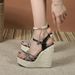 Women's High Heeled Platform Wedge Sandals Rhinestone Cross Straps Straw Rope Soles 15 Cm_vogvips.com