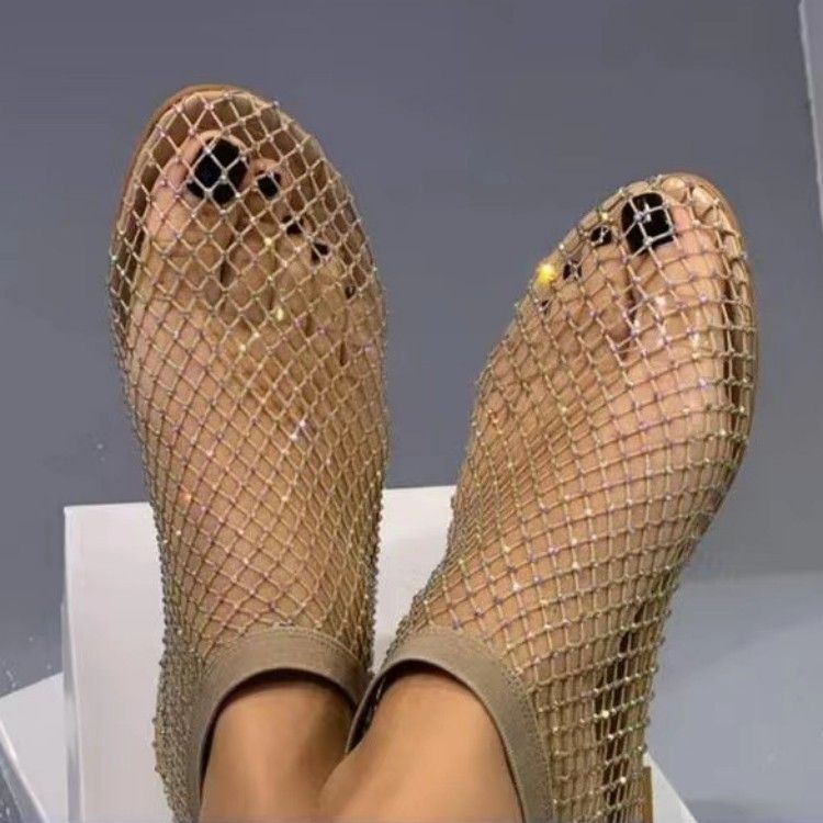 Women's Flat Sandals Women's Shoes 2024 New Round Toe Large Size Hollow Rhinestone Short Boots Summer Sexy Flat Sandals_vogvips.com