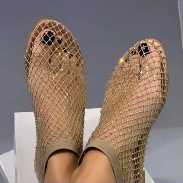 Women's Flat Sandals Women's Shoes 2024 New Round Toe Large Size Hollow Rhinestone Short Boots Summer Sexy Flat Sandals_vogvips.com
