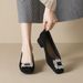 Square Head Single Shoes Women's Thick Heel French Black Work Shoes Rhinestone Shallow Mouth High Heels Women_vogvips.com