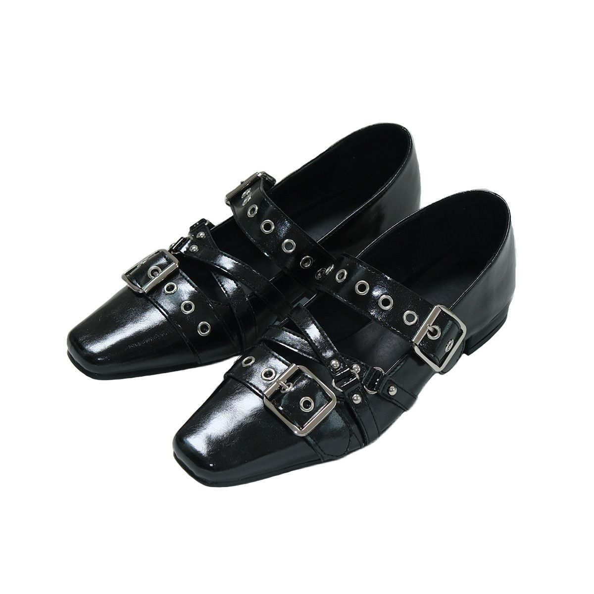 Silver Single Shoes Female Original Retro Mary Jane Small Square Head Rivet Ballet Flat Shoes Female_vogvips.com