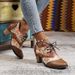 Women Ankle Boots Autumn Winter Short Boots Ethnic Fashion For Women Bohemian Style Lace Up Round Toe Chunky Heel Short Boots F Aux Leather_vogvips.com