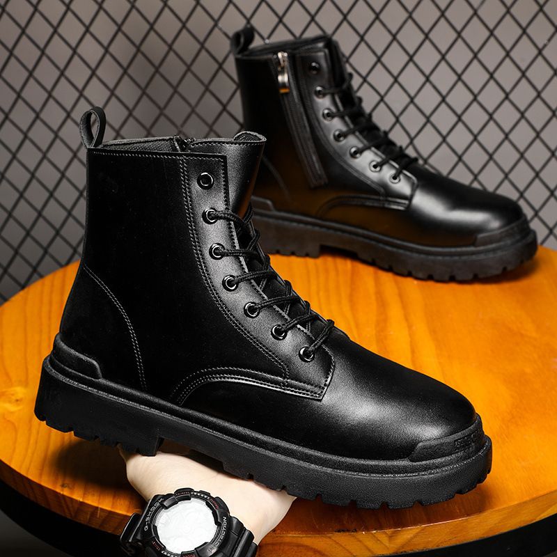 European Warm Series Martin New Autumn Winter British Casual Black Glossy Leather Men's Thick Sole Height Increasing Motorcycle Work Boots_vogvips.com