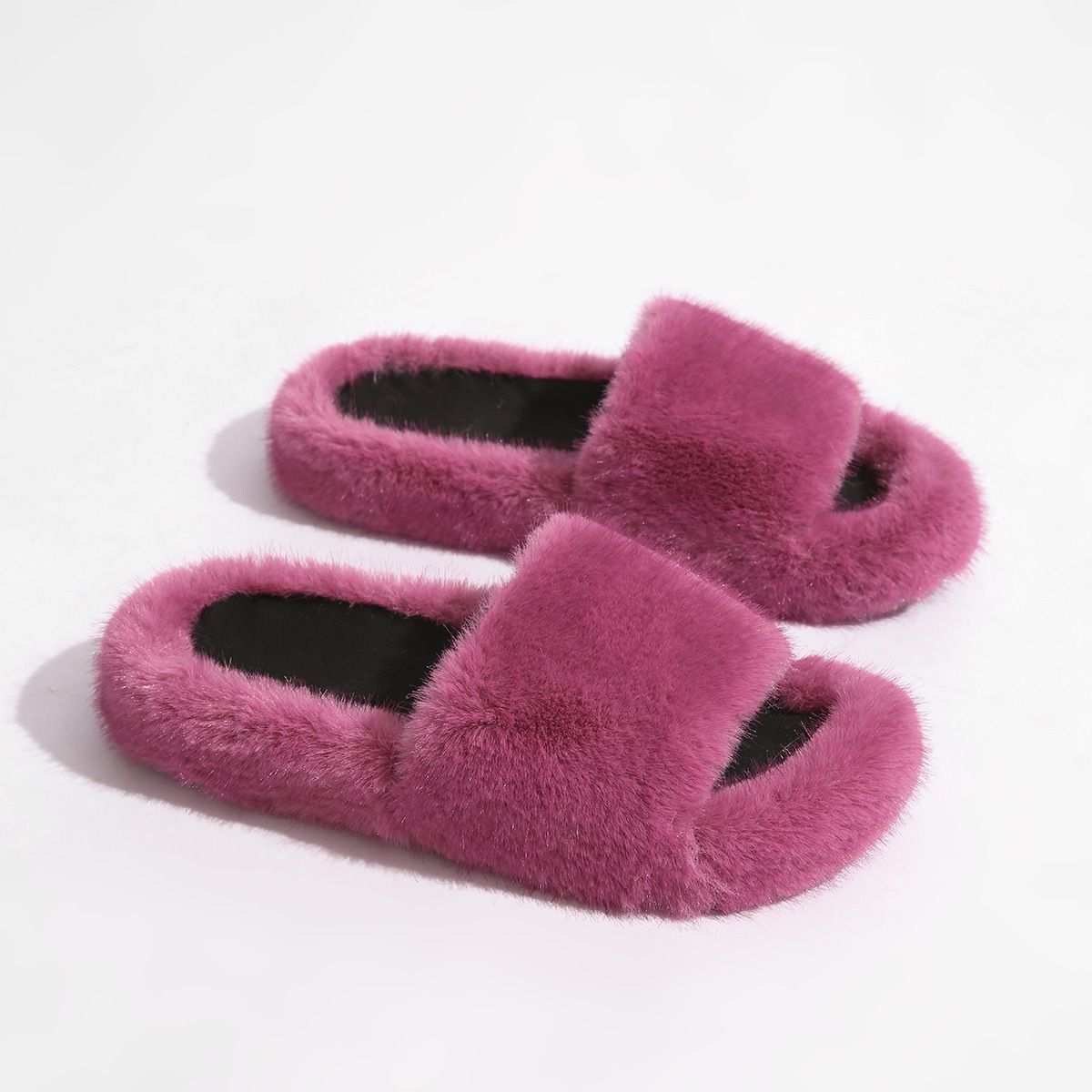 Y2K Punk Style Faux Fur Slippers - Cozy PVC Indoor Slides For Women & Men, Soft Plush Home Shoes, Trendy Gothic Fashion Footwear_vogvips.com
