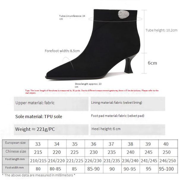 Cameido Women's Velvet Pointed Toe High Heel Slim Short Boots With Rhinestones For Autumn And Winter_vogvips.com