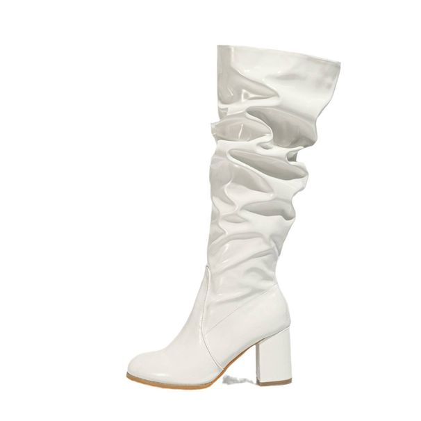 Women's Shoes Autumn/Winter High Heeled Equestrian Boots, Natural Wrinkle, Versatile Round Toe Chunky Heel High Boots For Women_vogvips.com