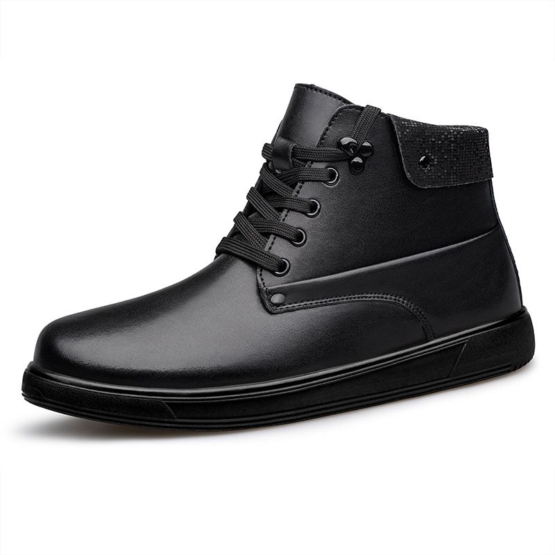 Men's Genuine Leather High-top Boots With Fleece Lining, Warm Real Wool, Cotton Casual Short Cowhide Boots, Large Size_vogvips.com