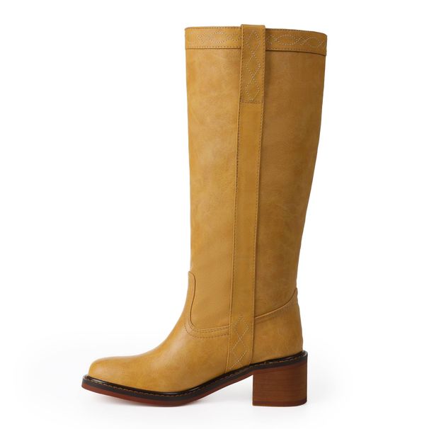 Wide Calf Boots Women's Knee High Boots Square Toe Chunky Block Heel Long Boots Pull On Riding Boots Knight Boots_vogvips.com