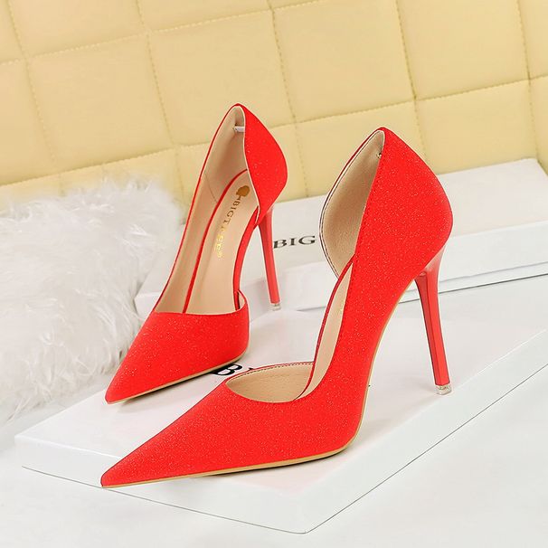 High Heel Pumps With Short Pointy Side Cutout Shimmering Sequin Cloth Heels For Women_vogvips.com