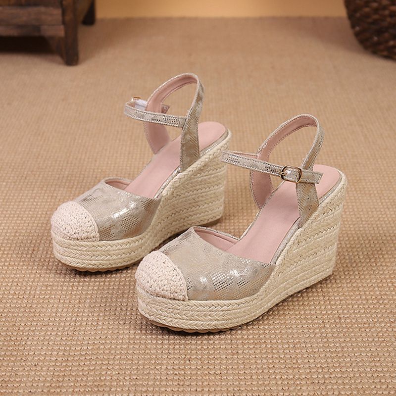 Women's Chunky Heel Mule Sandals With Platform & Open Back - Breathable Linen-Wrapped Sole For Spring & Summer - Black & Beige _vogvips.com