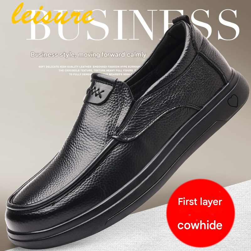 TerraStride Leather Cowhide Business Casual Round Toe Soft Thick Sole Wear-Resistant Slip-On Men's Shoes Height Increasing_vogvips.com