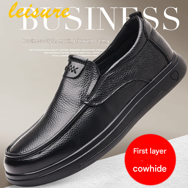 TerraStride Leather Cowhide Business Casual Round Toe Soft Thick Sole Wear-Resistant Slip-On Men's Shoes Height Increasing_vogvips.com