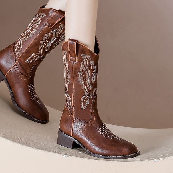 Embroidered Genuine Leather Short Boots For Women, Thick Sole, Chunky Heel, Mid-Calf Cowboy Stretchy Riding Boots,_vogvips.com