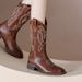 Embroidered Genuine Leather Short Boots For Women, Thick Sole, Chunky Heel, Mid-Calf Cowboy Stretchy Riding Boots,_vogvips.com