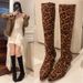 Women's Winter High Top Boots Fleece Lined Leopard Print Pointed Toe Slim Fit Suede Mid Heel Elastic Plus Size Fashion Boots_vogvips.com