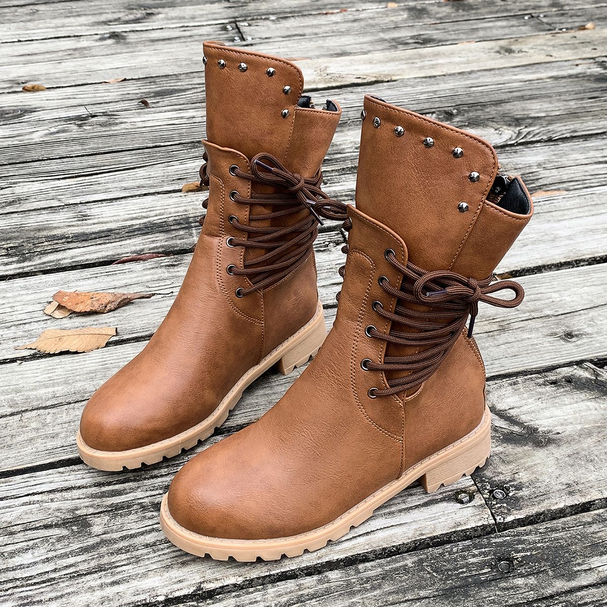 Women's Winter Plus Size Ankle Boots Back Zipper Riding Low Heeled Studded_vogvips.com