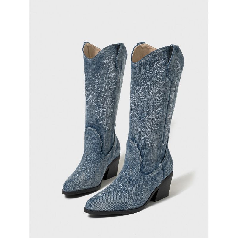 Vintage Embroidered Cowboy Boots For Women - Pointed Toe Western Riding Boots With Chunky Heel, Retro Distressed Leather_vogvips.com