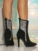 Elegant Black Suede Pointed Toe Stiletto Heel Boots With Rhinestone Details - Winter & Fall Fashion Women's Mid-Calf Boots_vogvips.com