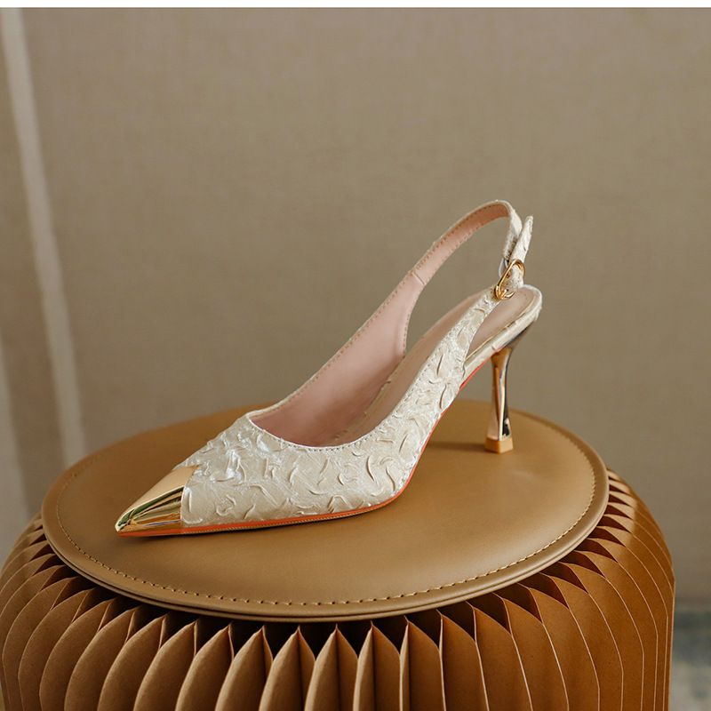 31-44 Size Embossed Satin High Heels Pointed Toe Shallow Mouth Stiletto Women's Versatile Single Shoes Sandals_vogvips.com