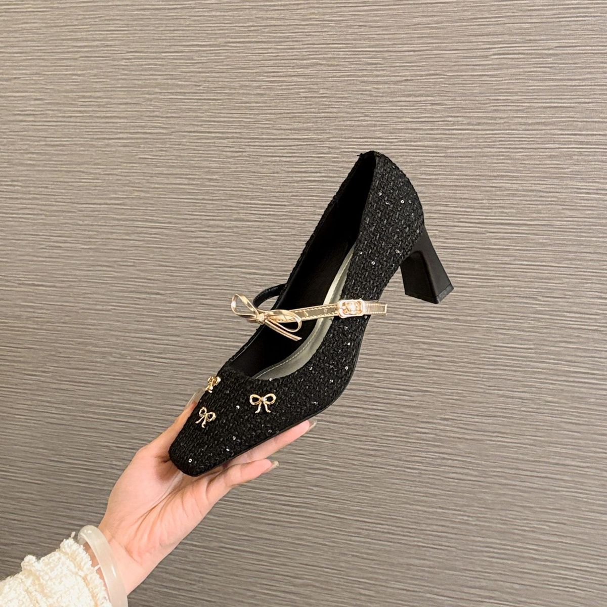 6413 High Heels Women Thick Heel 2026 New Square Toe Mary Jane French Bowknot Woven Surface Single Shoes_vogvips.com