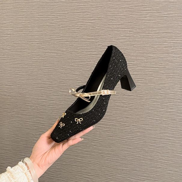 6413 High Heels Women Thick Heel 2026 New Square Toe Mary Jane French Bowknot Woven Surface Single Shoes_vogvips.com