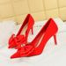18249-AH33 Korean Banquet Women's High Slim Heels Shallow Mouth Pointed Silk Bow Single Wedding Shoes_vogvips.com