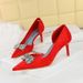 6168-AK51 Korean Version High-heeled Slim Heel, Shallow Mouth Pointed Toe, Side Hollowed Out Fabric, Metal Rhinestone_vogvips.com