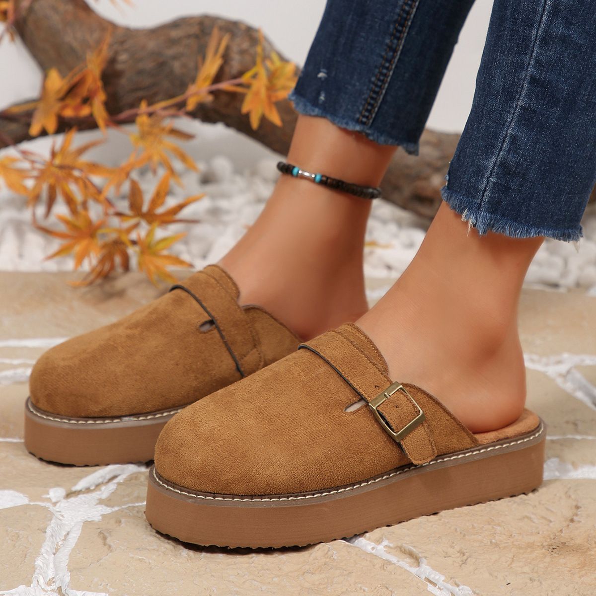 Plus Size Women's Suede Slip-On Slippers With Belt Buckle Thick Sole Platform Autumn New Style Size 43 Closed Toe_vogvips.com