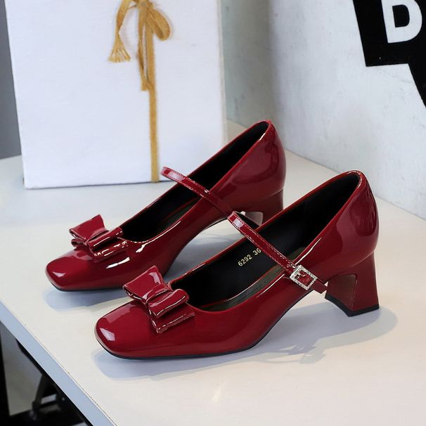 Women's Elegant Bow-Trimmed Patent Leather Mary Jane Pumps With Chunky Heel And Adjustable Buckle Strap - Perfect For Parties, Work & Daily Wear_vogvips.com