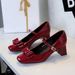 Women's Elegant Bow-Trimmed Patent Leather Mary Jane Pumps With Chunky Heel And Adjustable Buckle Strap - Perfect For Parties, Work & Daily Wear_vogvips.com