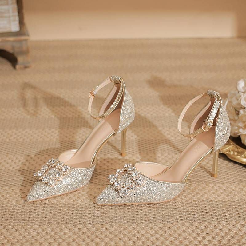 Women's Shoes Champagne Gold Stiletto Heels For Women - Rhinestone & Square Buckle Bridal Shoes, Elegant Wedding Party Heels_vogvips.com