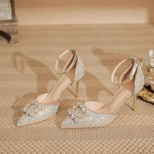 Women's Shoes Champagne Gold Stiletto Heels For Women - Rhinestone & Square Buckle Bridal Shoes, Elegant Wedding Party Heels_vogvips.com