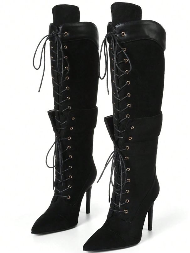 Women's Knee High Boots Pointed Toe Lace Up Stiletto Heel Shoes Motorcycle Dressy Party Luxury Fashion Winter Fall Boots_vogvips.com