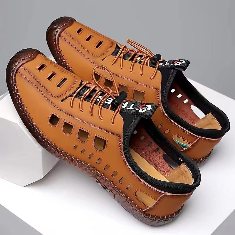 New Summer Men's Breathable Hollow Hole Bull Muscle Soft Sole Leather Sandals Casual Beach Shoes_vogvips.com