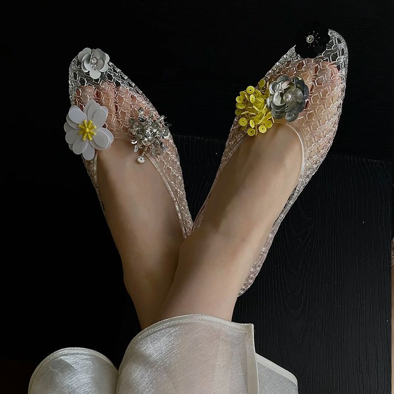 Korean Crystal Jelly New Niche Design Pointed Toe Shallow Mouth Single Shoes Mesh Flat DIY Sandals Women_vogvips.com