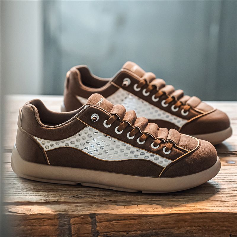 Men Mesh Patchwork Casual Sneakers, Slip‑On No‑Tie Lace Breathable Lightweight Flat Retro Walking Board Shoes_vogvips.com