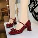 Women's Elegant Bow-Trimmed Patent Leather Mary Jane Pumps With Chunky Heel And Adjustable Buckle Strap - Perfect For Parties, Work & Daily Wear_vogvips.com
