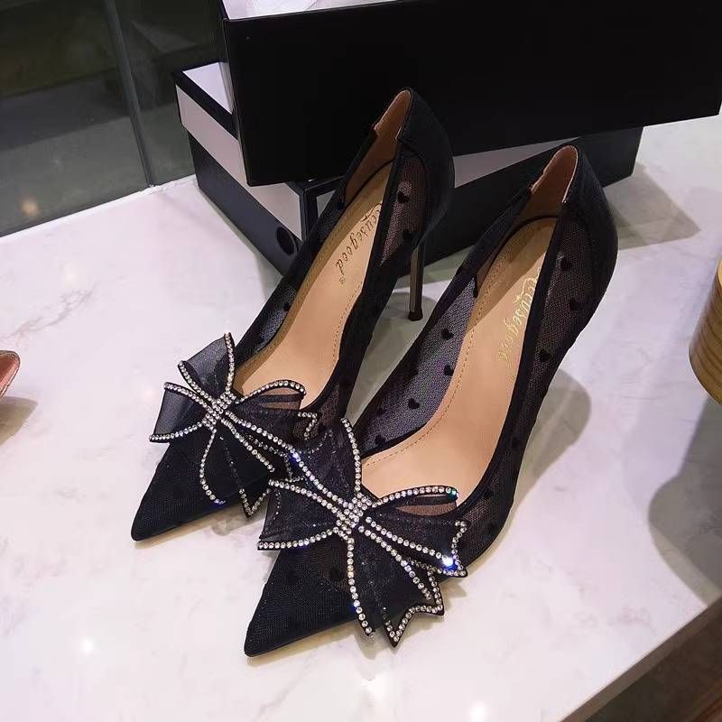Women S Shoes High Stiletto Heels Versatile Bow Mesh Lace Pointed Toe Pumps Women Wedding_vogvips.com