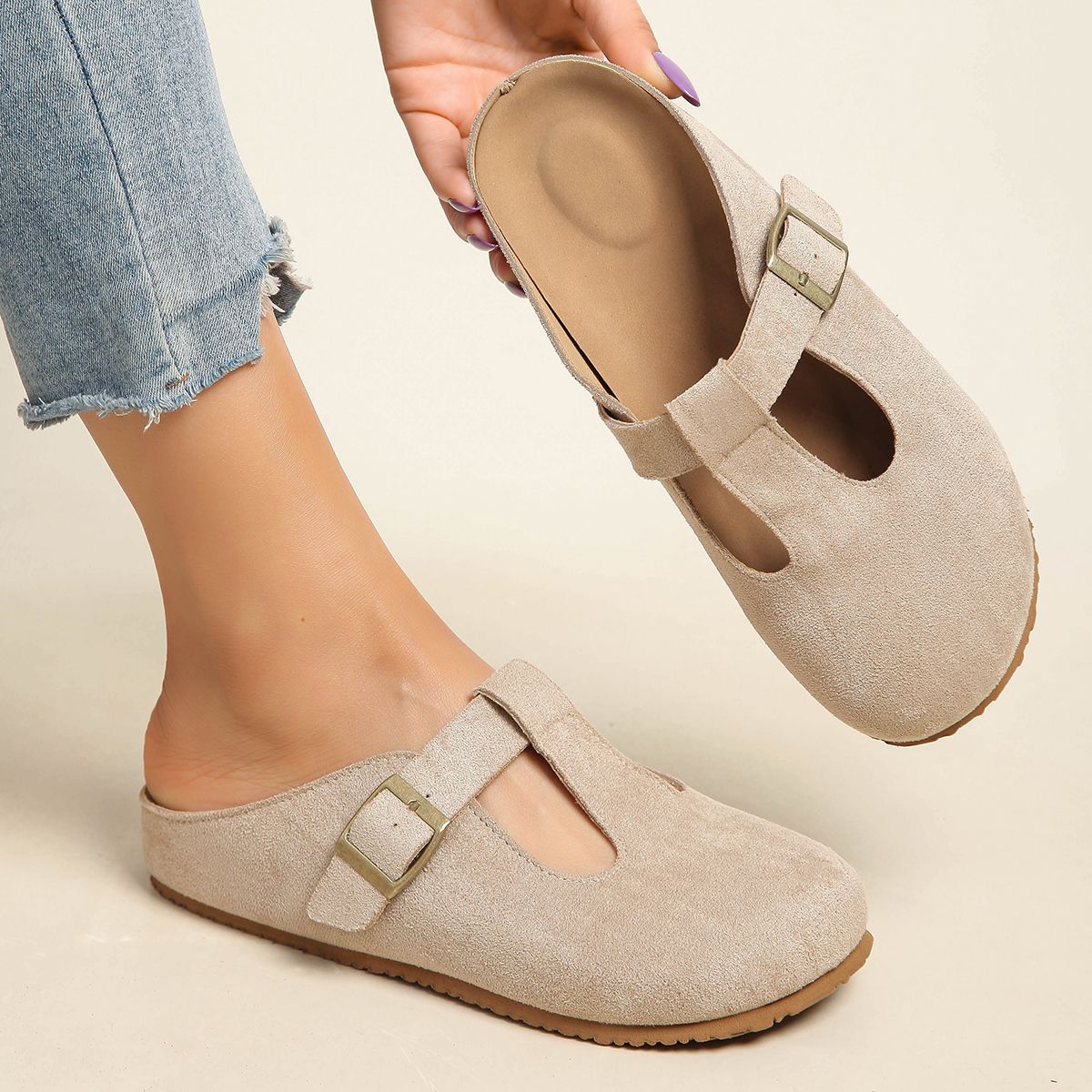 Women's T-Strap Buckle Closed Toe Mules, Backless Flat Casual Slippers, Slip On Indoor Outdoor Walking Shoes_vogvips.com