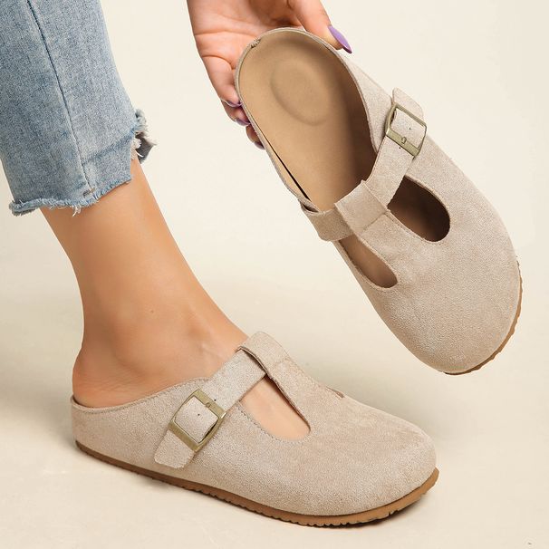 Women's T-Strap Buckle Closed Toe Mules, Backless Flat Casual Slippers, Slip On Indoor Outdoor Walking Shoes_vogvips.com
