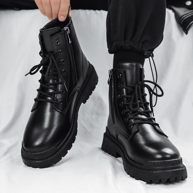 Martin Autumn High-Top Thick-Soled Motorcycle Work Black Men's Mid-Top Shoes British Style Leather Boots_vogvips.com