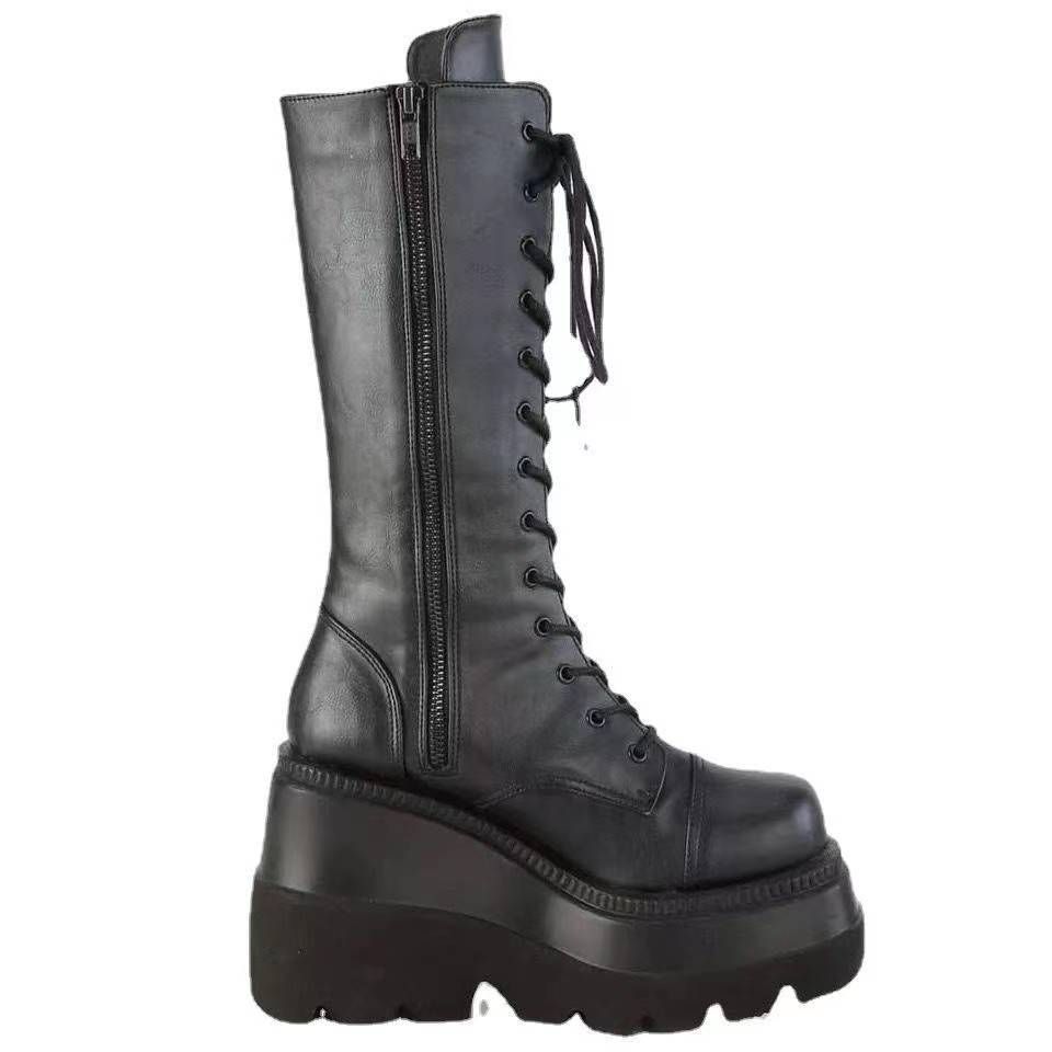 Winter buckle ankle boots Women's Punk women's platform Motorcycle Rider boots Wedge heels PU Women's boots Plus size women's boots_vogvips.com